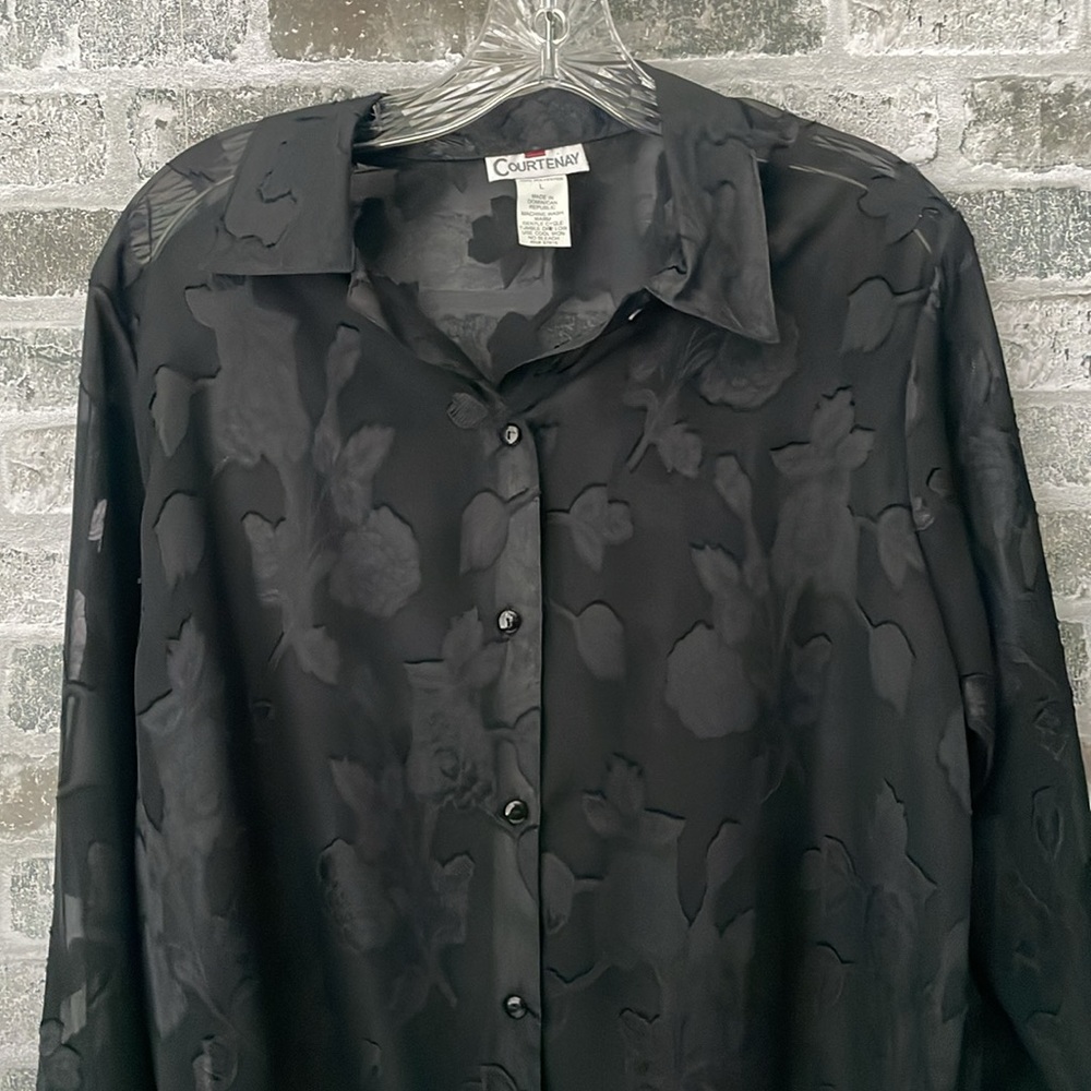 Courtenay Floral Black Sheer Button Up Women’s size Large Flocking Whimsigoth - Picture 10 of 11